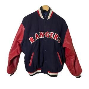 Texas Rangers MLB Starter Bomber Jacket VTG Baseball Red Leather & Blue Wool XL